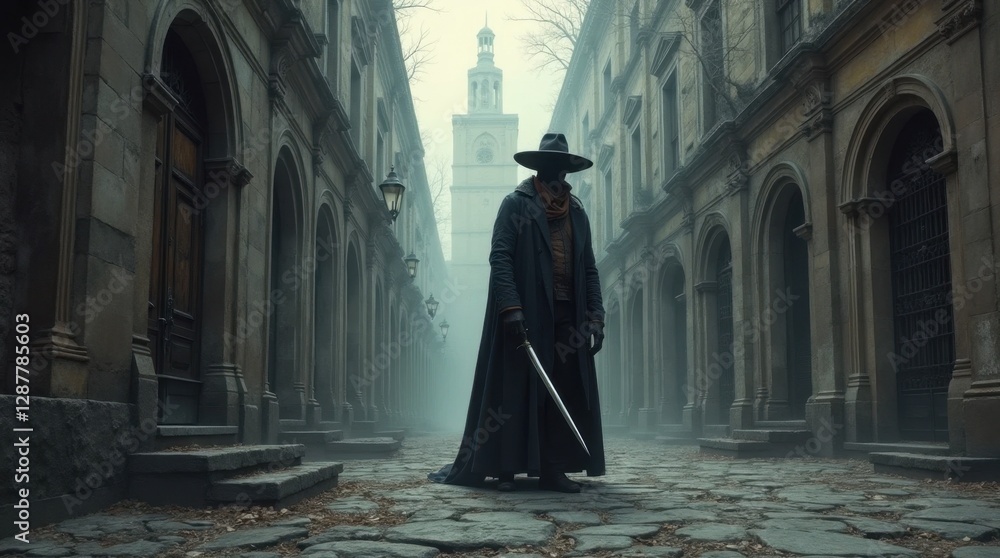 Naklejka premium Eerie Plague Doctor in an Abandoned City