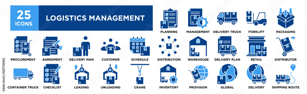Logistics Management. icon collection set. Containing design Planning, Management, Delivery Truck, Forklift, Packaging Logistics Management. icon collection set. Containing design Planning, Management, Delivery Truck, Forklift, Packaging