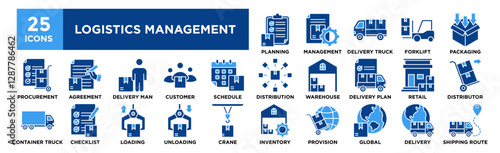 Logistics Management. icon collection set. Containing design Planning, Management, Delivery Truck, Forklift, Packaging	