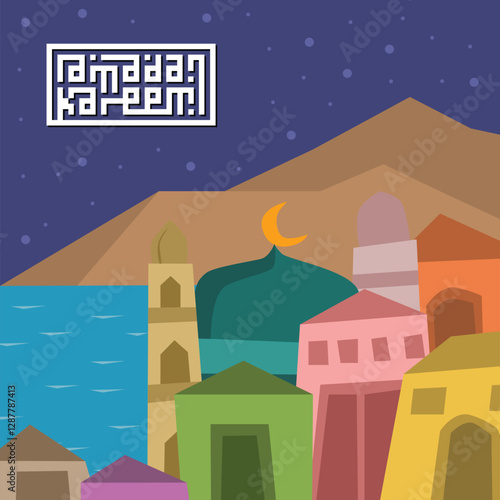 Ramadan square greetings card with colorful flat urban landscape background