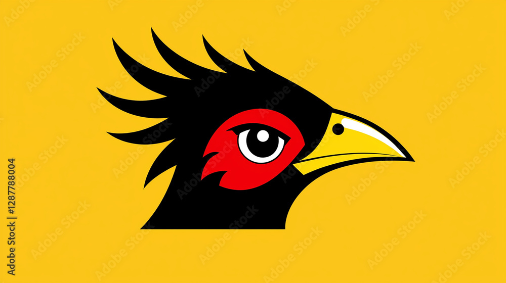 Obraz premium Colorful Bird Illustration with Bold Yellow Background and Black Spiky Crested Head