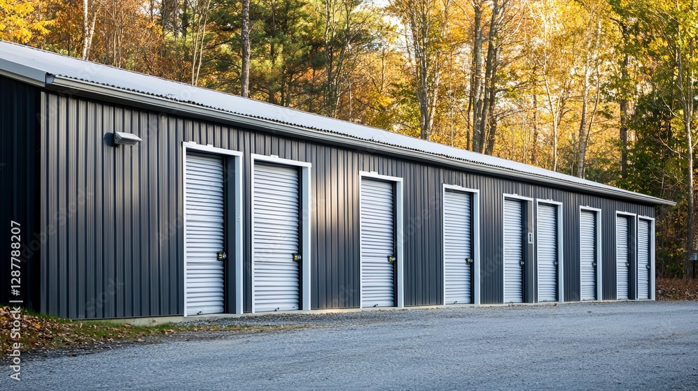 Gray and white roadside storage units, commonly used by the community for additional space or rental purposes Gray and white roadside storage units, commonly used by the community for additional space or rental purposes