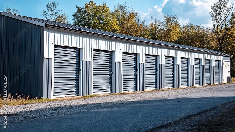 Gray and white roadside storage units, commonly used by the community for additional space or rental purposes Gray and white roadside storage units, commonly used by the community for additional space or rental purposes