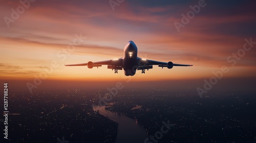 Massive Cargo Plane Taking Off at Dusk Over a City Skyline