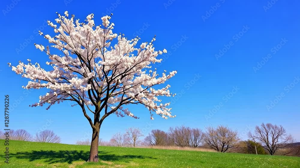Solitary Blooming Tree With White Flowers on Grassy Hill Under Bright Blue Sky in Springtime Outdoor Landscape View Solitary Blooming Tree With White Flowers on Grassy Hill Under Bright Blue Sky in Springtime Outdoor Landscape View