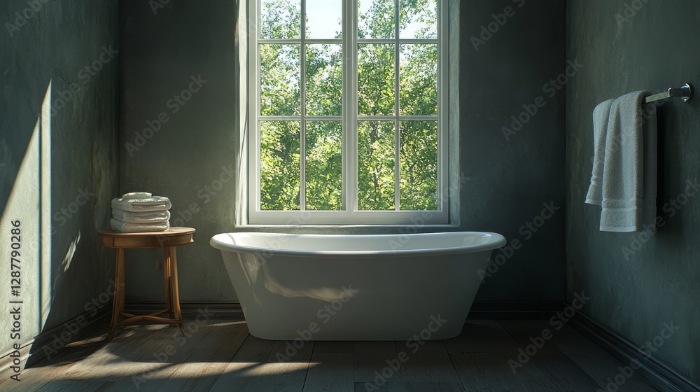 Fototapeta premium Bathtub is positioned beneath a window with a beautiful view