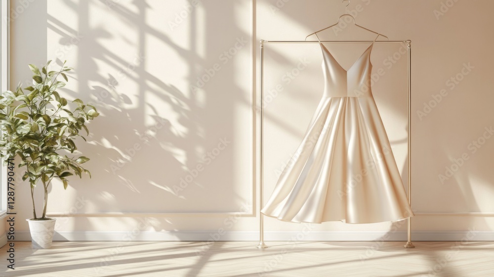 Elegant White Wedding Gown on Display in a Sunlit Room Elegant White Wedding Gown on Display in a Sunlit Room
