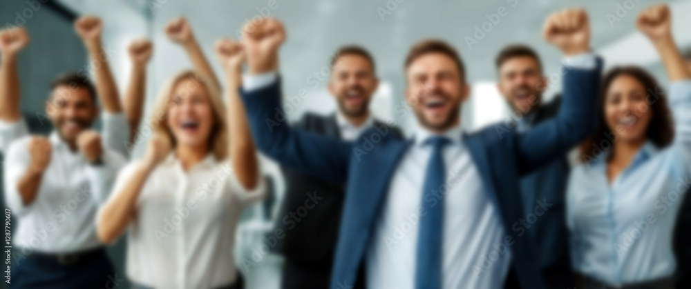 Blurred background revealing a group of colleagues in a modern office environment, fists pumping in excitement Blurred background revealing a group of colleagues in a modern office environment, fists pumping in excitement