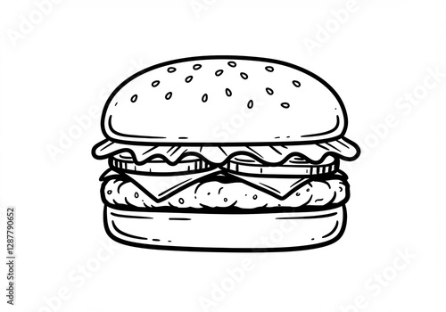 Delicious Hand Drawn Burger Line Art Illustration. AI Generated