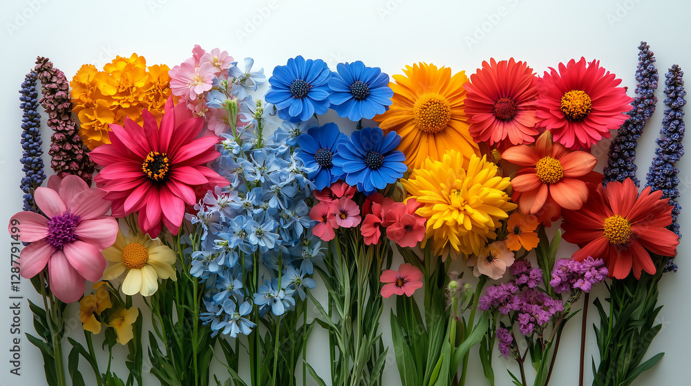 Colorful spring flowers arranged in a rainbow of colors on a white background Colorful spring flowers arranged in a rainbow of colors on a white background