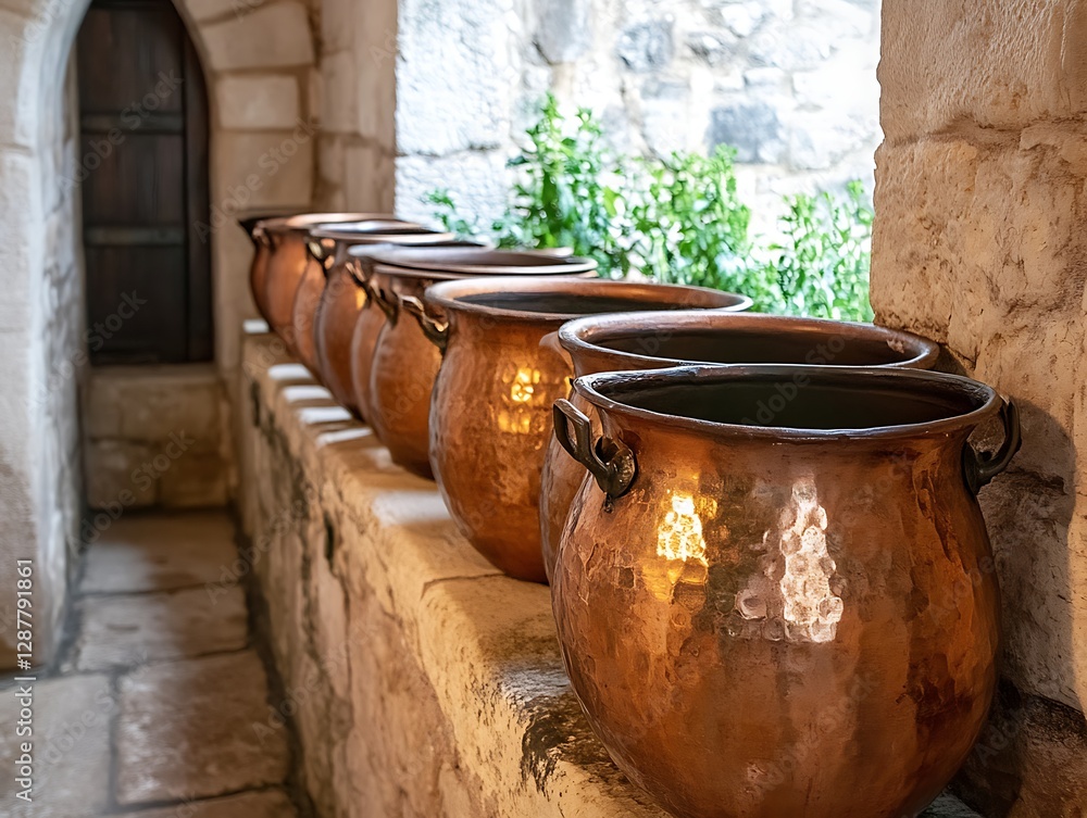 Copper Pots in Stone Corridor Copper Pots in Stone Corridor