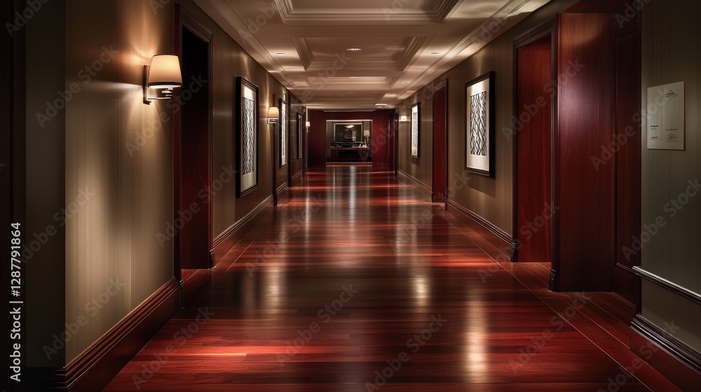 Elegant Hotel Corridor with Glossy Floor and Artistic Lighting Elegant Hotel Corridor with Glossy Floor and Artistic Lighting