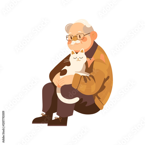 Illustration vector Old man walking with a pet cat grandfather and old male person theme best friends old man embrace cat with love big hug warm heart