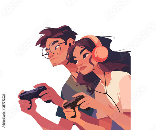 Young  happy family couple playing gaming console video games with joystick and headphones. Love, spend time together cartoon vector illustration. Girl and Guy with Console Joystick.