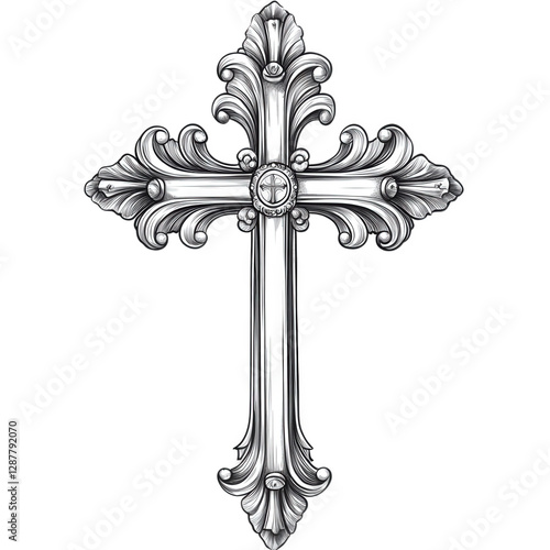 An artistic depiction of a Christian cross, carefully sketched, balanced and symmetrical layout, transparent background, PNG