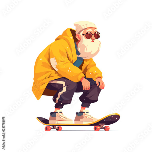 Vector elderly senior man on skateboard. Crazy old grandfather skateboarding active aging cartoon 
skateboarder vector illustration isolated sport, recreation, skater hobby concept.