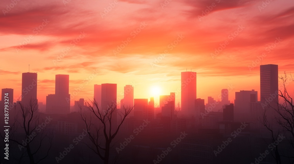 Fototapeta premium Sunset cityscape silhouette, barren trees, urban scene