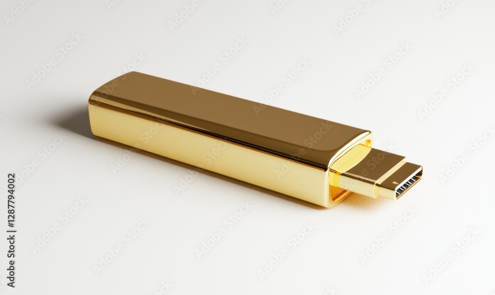 Gold digital multimedia stick on white background for modern tech and data storage Gold digital multimedia stick on white background for modern tech and data storage
