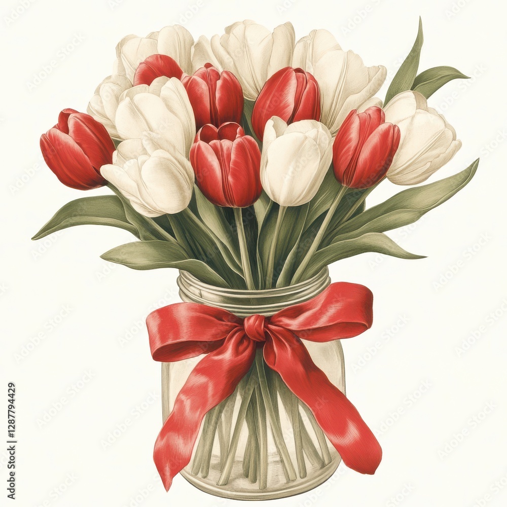 Fototapeta premium Vintage mason jar with red and white tulips adorned burlap bow isolated on white background