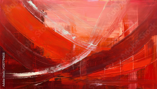 An abstract painting featuring bold, sweeping strokes of red and white, creating a sense of dynamic movement and depth against a richly textured, warm-toned background.