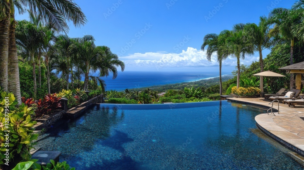 Fototapeta premium Scenic view of infinity pool overlooking ocean and lush landscape under clear blue sky