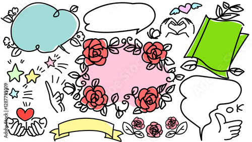 シンプルな手描き風のベクターアイコンと吹き出しカラーセット