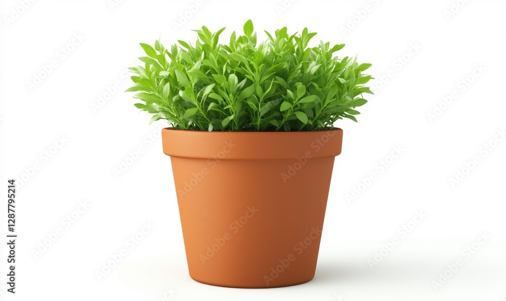Fototapeta premium Lush green potted plant in a simple terracotta pot, showcasing vibrant foliage against a white background