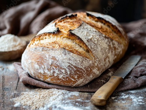 Homemade sourdough bread with a rustic touch. Close-up of freshly baked bread with a crispy crust, highlighting handmade, organic, and natural bakery concepts. Ideal for food lovers and bakers photo