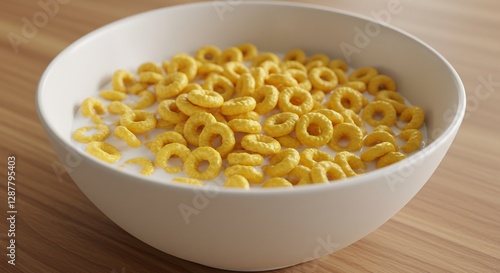 Sweet Yellow Cereal Rings in Milk Bowl. AI Generated