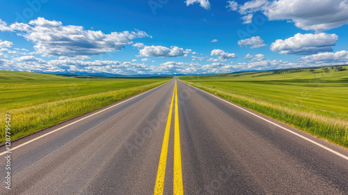 Wide road into distance, flanked by green fields and blue sky. High-definition, horizontal composition. Serene beauty.