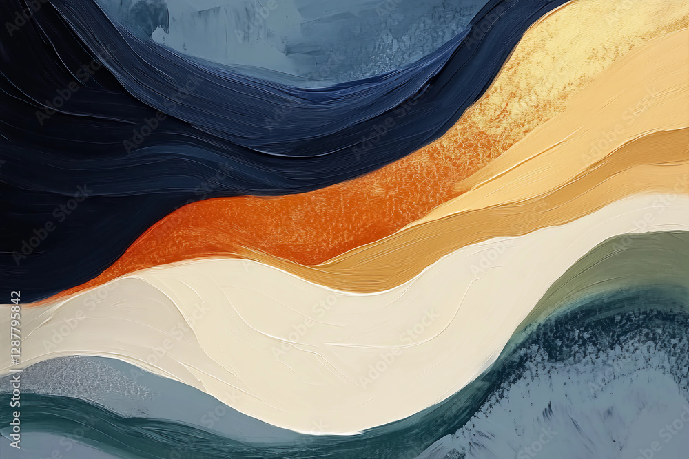 Obraz premium Abstract oil painting with flowing waves of gold leaf, navy blue, olive green, white cream, dark teal, and light gray, resembling liquid metal on a textured canvas background