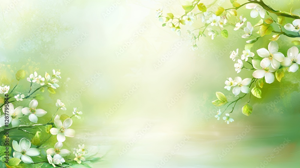 White Blossoms and Green Branches on Soft Focus Background White Blossoms and Green Branches on Soft Focus Background