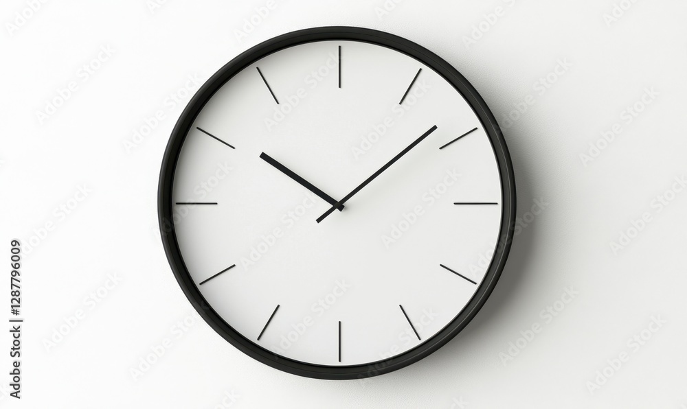 Minimalist black wall clock on white background, time management concept Minimalist black wall clock on white background, time management concept