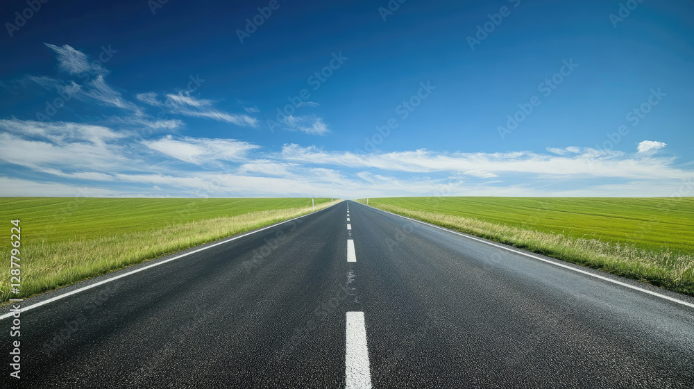 Wide road into distance, flanked by green fields and blue sky. High-definition, horizontal composition. Serene beauty. Wide road into distance, flanked by green fields and blue sky. High-definition, horizontal composition. Serene beauty.