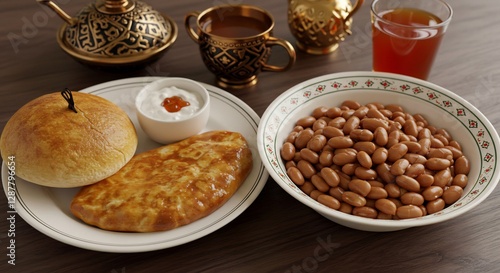 Warm morning light illuminates hearty baked goods and beans. AI Generated