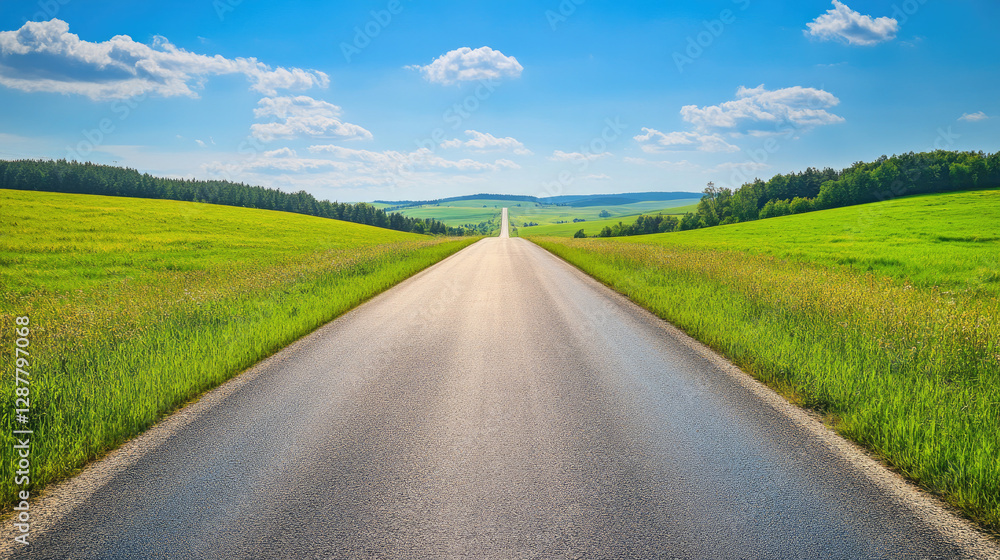 Wide road into distance, flanked by green fields and blue sky. High-definition, horizontal composition. Serene beauty. Wide road into distance, flanked by green fields and blue sky. High-definition, horizontal composition. Serene beauty.