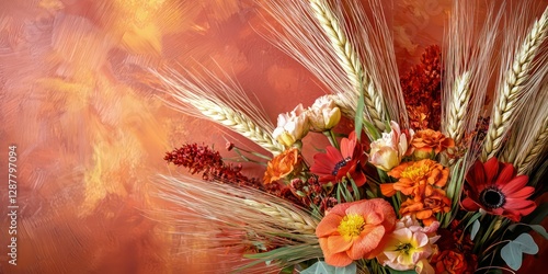 Avant-garde bouquet with boldly contrasting flowers and wheat.