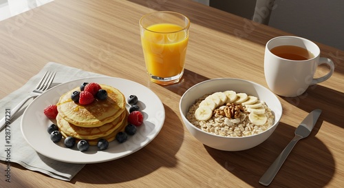 Warm sunlight illuminates healthy breakfast pancakes oatmeal. AI Generated