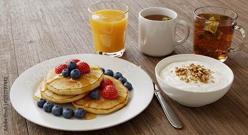 Warm light illuminates delicious breakfast pancakes. AI Generated