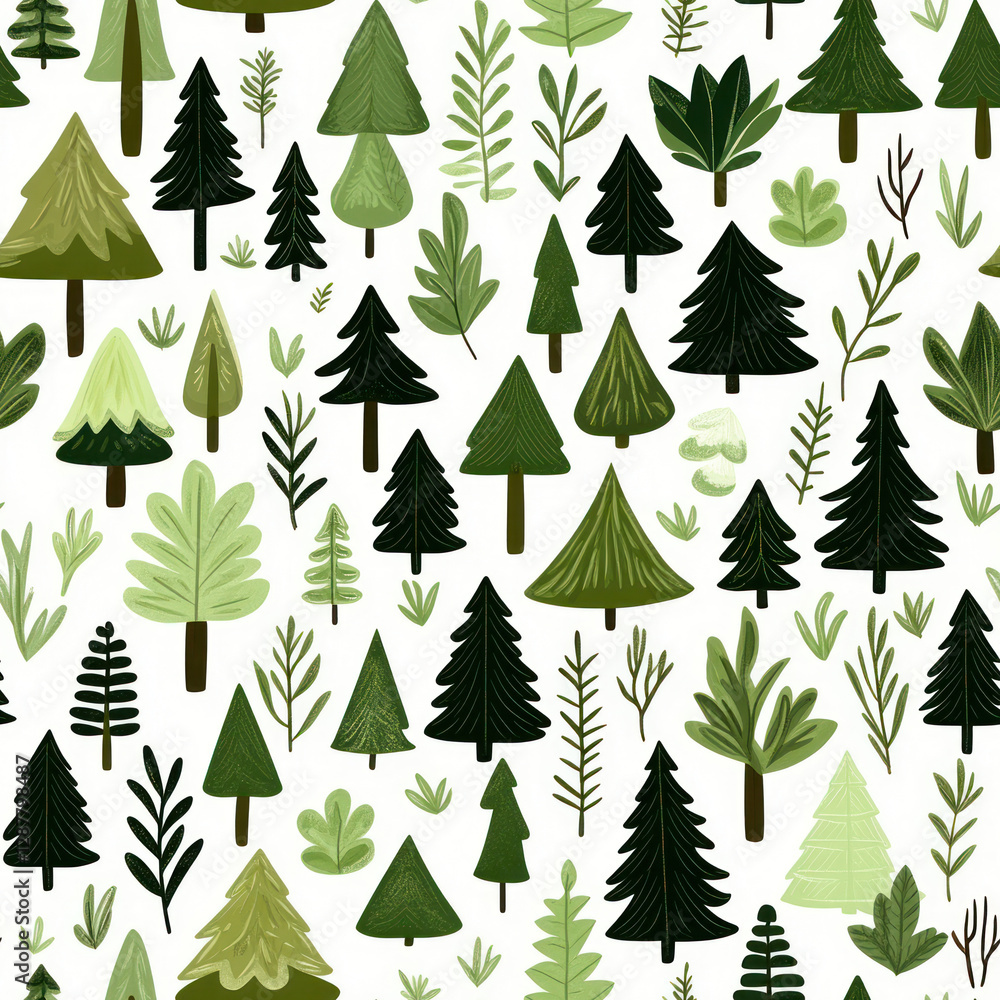 Obraz premium Forest scene featuring varied trees and foliage. White background