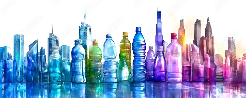 Colorful Plastic Bottles Cityscape - Environmental awareness Colorful Plastic Bottles Cityscape - Environmental awareness