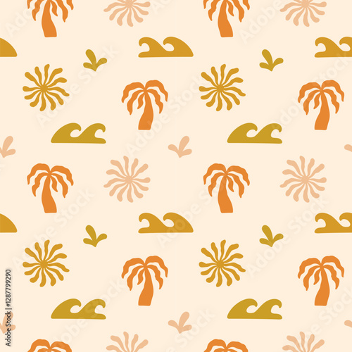 Boho Organic Summer Pattern. Abstract Beach Hand Drawn Background. Boho Sun And Palm Print. Vector Illustration Cutout Naive Style. Ocean Coral Sun Seamless Pattern for Textile. Modern Groovy Bg.