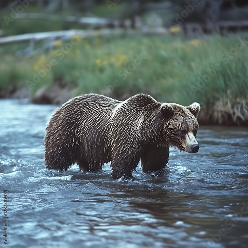 Grizzly bear in river, wilderness, calm scene, wildlife, nature photography