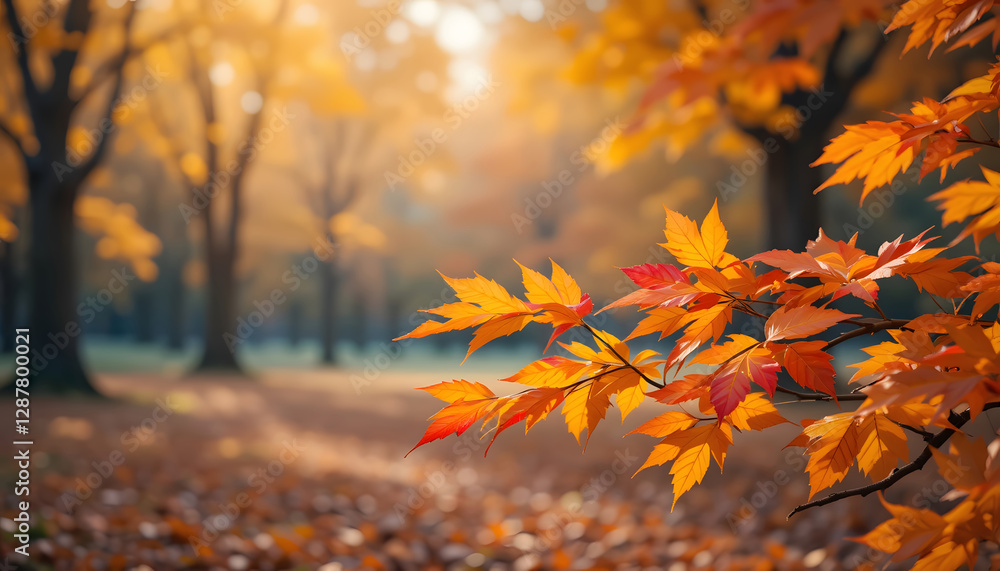 Captivating Vibrance of Autumn: A Stunning Display of Colorful Leaves in a Tranquil Forest Setting Awash in Golden Light and Serenity. Captivating Vibrance of Autumn: A Stunning Display of Colorful Leaves in a Tranquil Forest Setting Awash in Golden Light and Serenity.