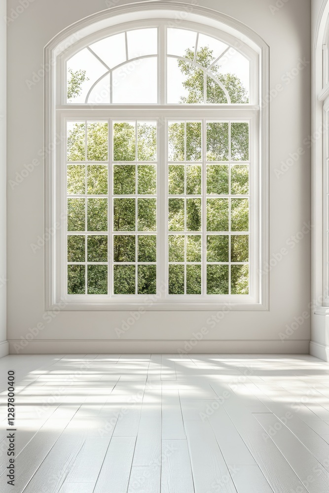 Fototapeta premium Bright Interior Space with Large Arched Window Overlooking Lush Green Trees in Natural Light