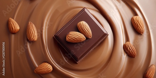 A rich, creamy chocolate square surrounded by whole almonds, creating a delightful contrast on a smooth chocolate swirl background.