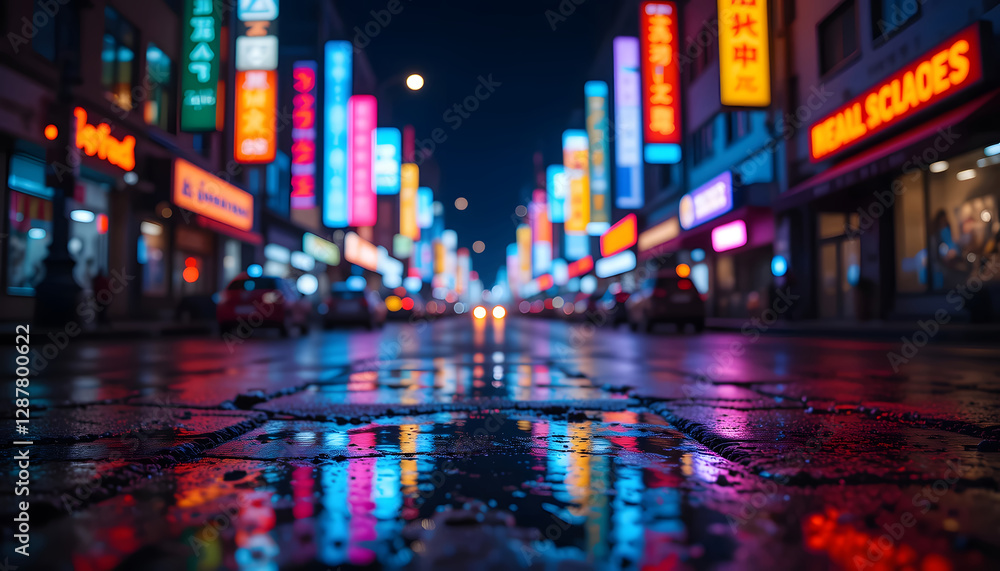 A Glowing Urban Nightscape: Neon Lights Reflecting on Wet Streets Captivating City Life from a Unique Perspective A Glowing Urban Nightscape: Neon Lights Reflecting on Wet Streets Captivating City Life from a Unique Perspective