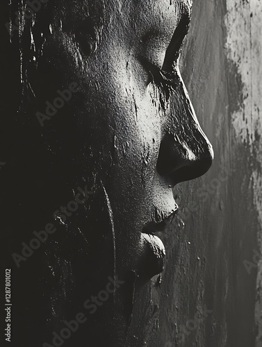 Dark sculpted face profile, textured wall background