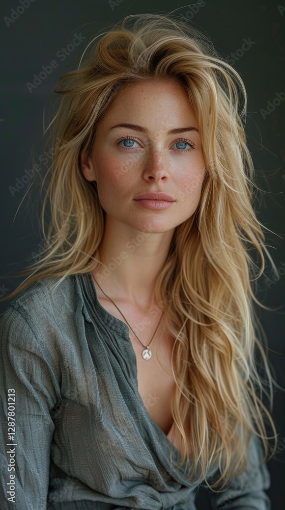 Naklejka premium studio portrait of a woman, blonde with long hair and blue eyes