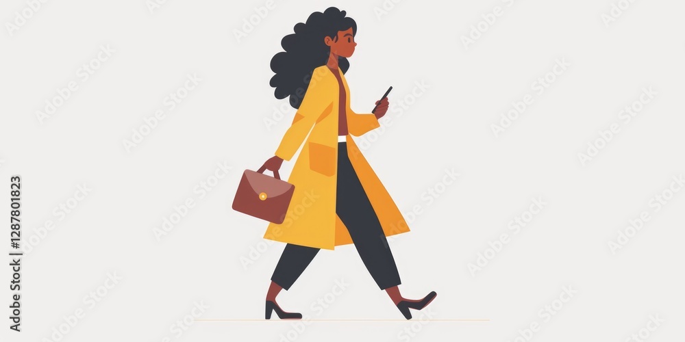 cartoon illustration of Professional women walking with her phone cartoon illustration of Professional women walking with her phone
